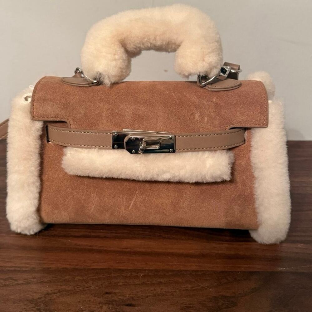 UGG Australia Tan Cow Hide Suede and Cream Shearling Bag Crossbody Strap Silver